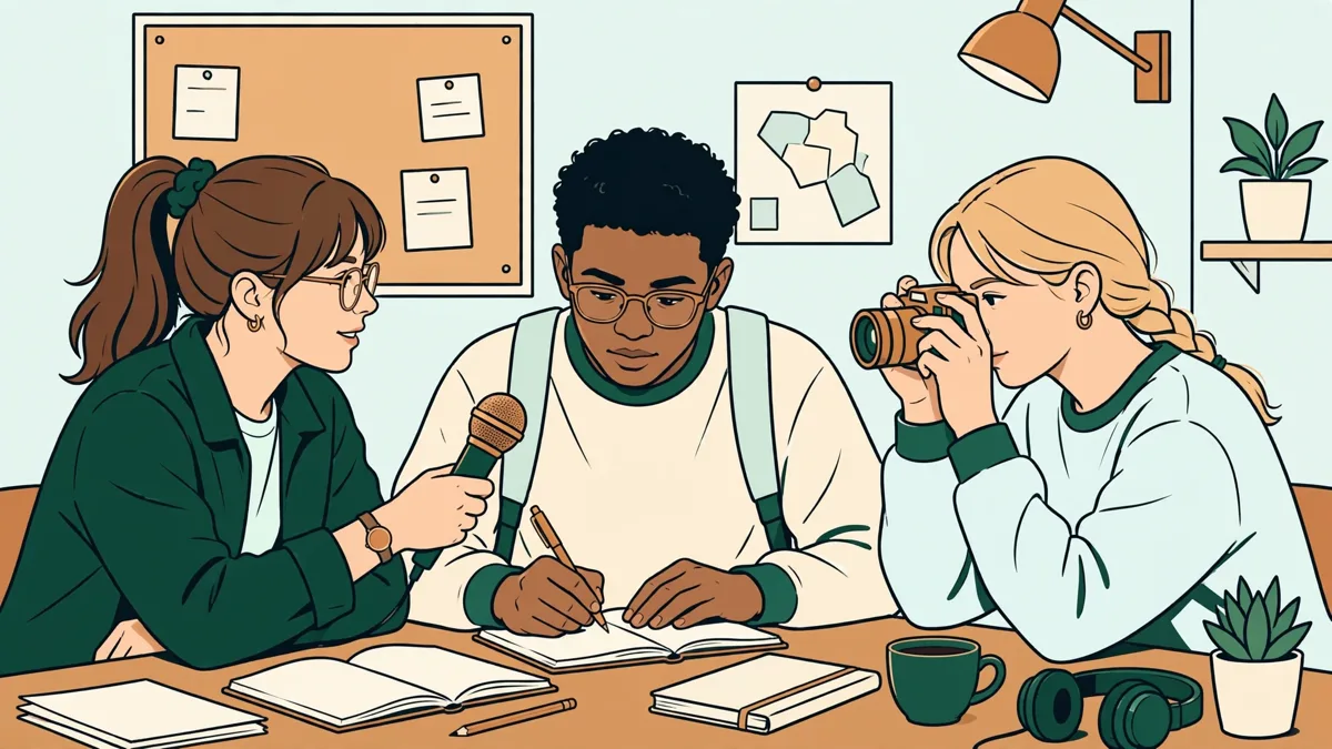 Trois étudiants en action dans une petite salle de rédaction : l'une interviewe avec un micro, un autre prend des notes, la troisième filme la scène.