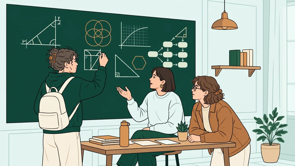 Trois étudiants en action devant un grand tableau noir couvert d'équations, l'un écrit une démonstration pendant que les deux autres discutent.