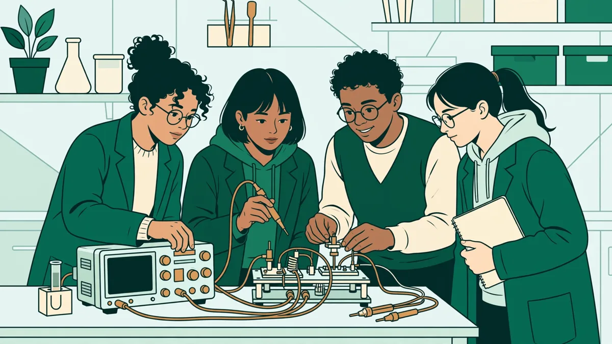 Quatre étudiants en TP de physique autour d'une paillasse, réglant un oscilloscope et des capteurs reliés à un montage.