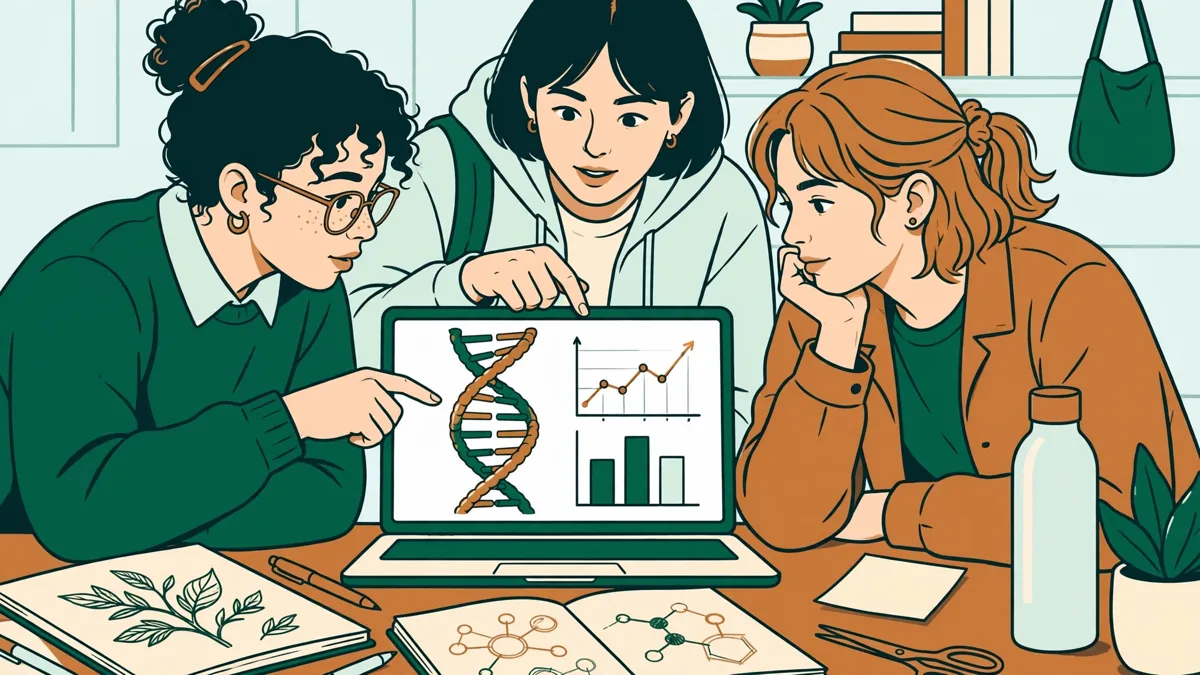 Trois étudiants penchés sur un ordinateur portable qui affiche un modèle de molécule d'ADN, avec cahiers et schémas autour d'eux.