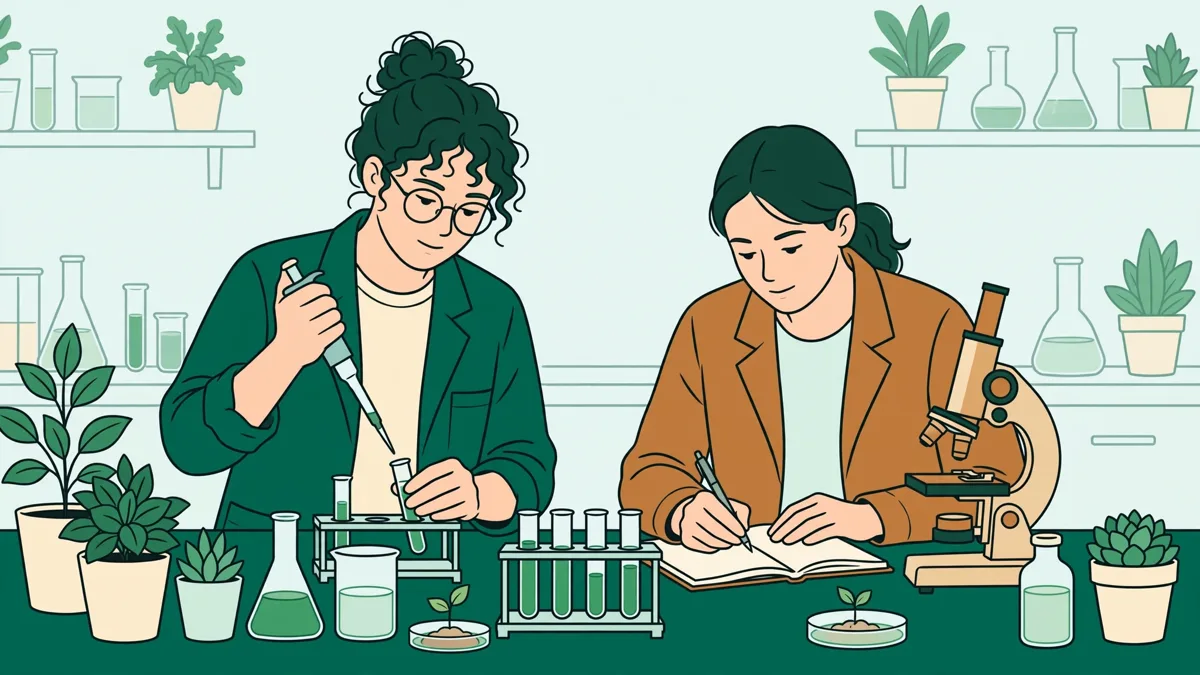 Deux étudiants en blouse en plein TP de biologie, l'un pipette un échantillon, l'autre note des équations dans un cahier à côté du microscope.