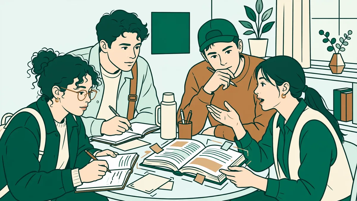 Quatre étudiants autour d'une table qui discutent d'un texte philosophique annoté, l'une lit à voix haute pendant que les autres prennent des notes