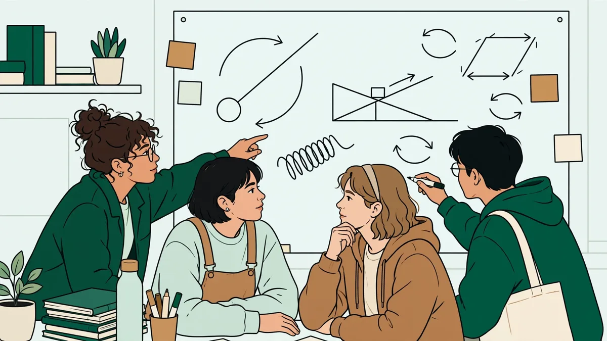 Quatre étudiants en petit groupe devant un grand tableau blanc couvert d'équations, l'un explique un calcul aux autres.