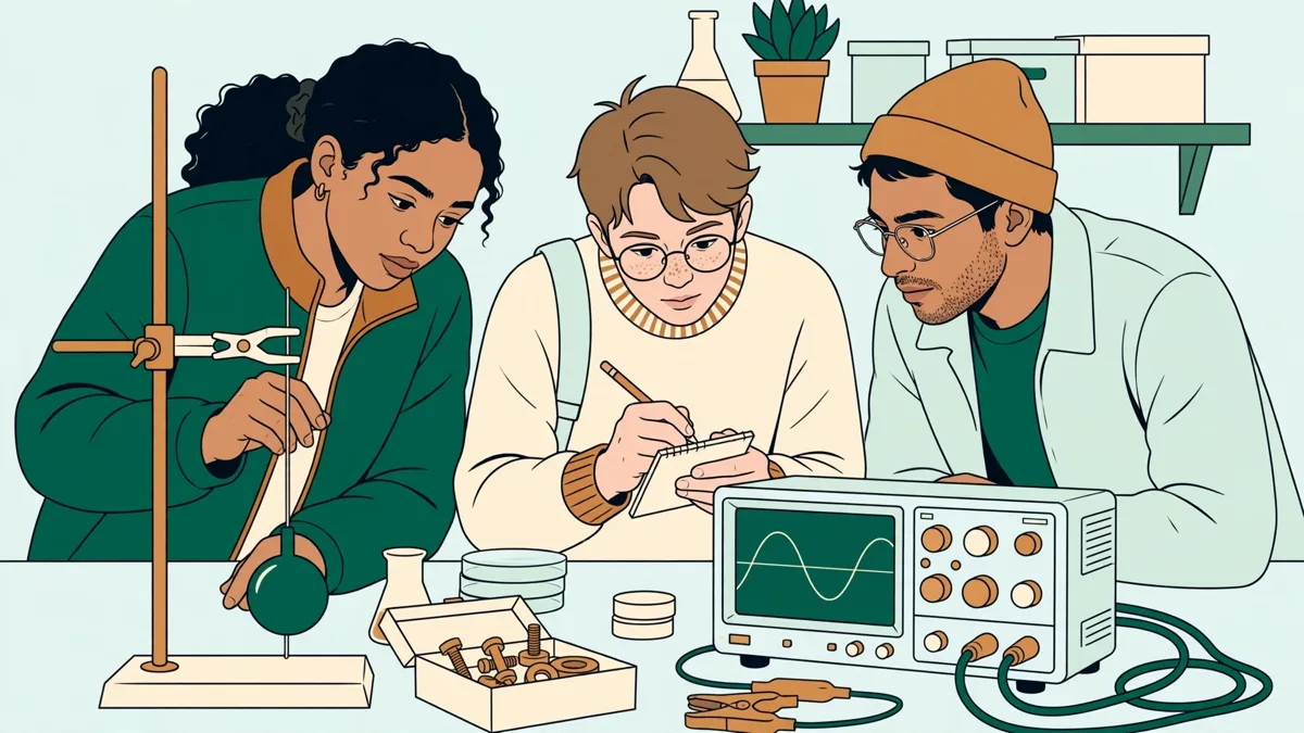 Trois étudiants en TP de physique autour d'une paillasse, l'un règle un oscilloscope, une autre note des mesures, le troisième tient un pendule.