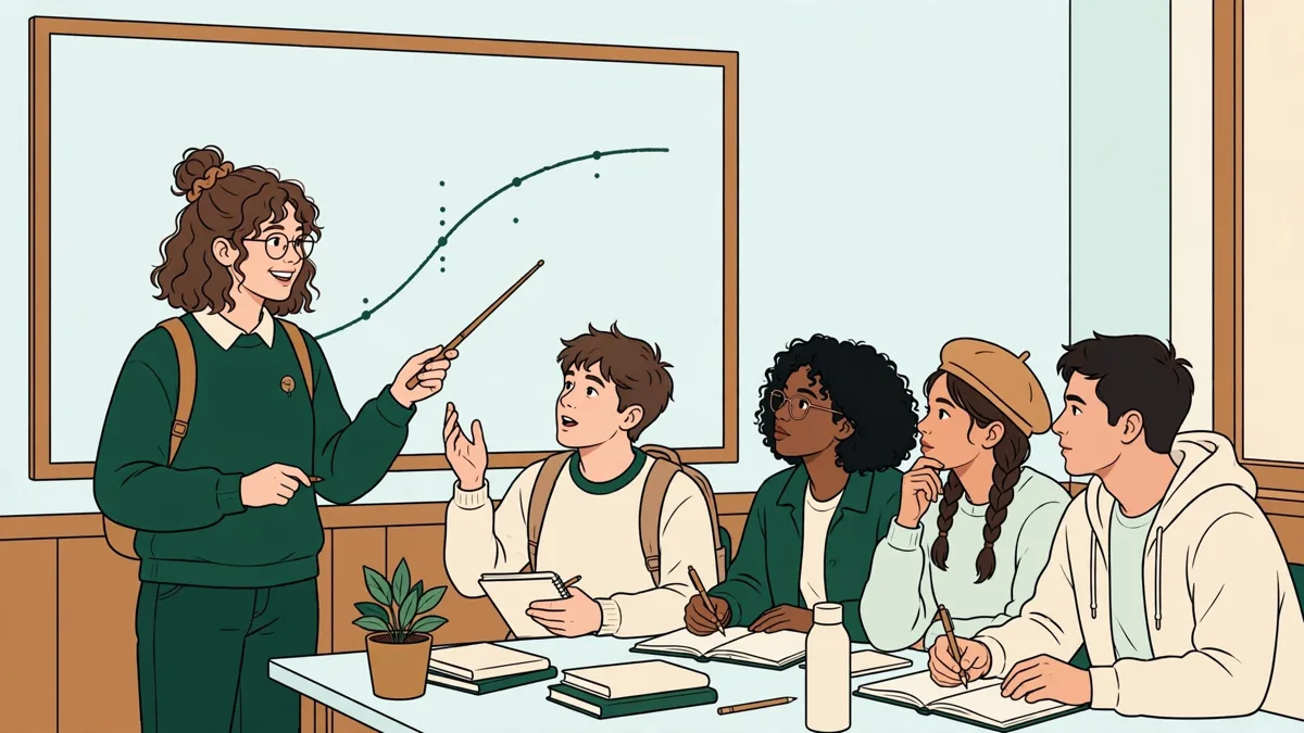 Une étudiante présente un graphique tracé à la main au tableau devant quatre autres étudiants en physique qui prennent des notes et posent des questions.