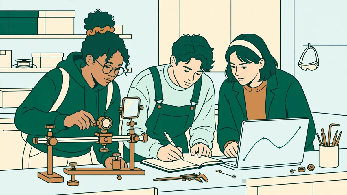 Petit groupe d'étudiants en physique autour d'une paillasse, l'un règle un montage, l'autre note des mesures pendant qu'un troisième compare avec une simulation sur ordinateur portable.