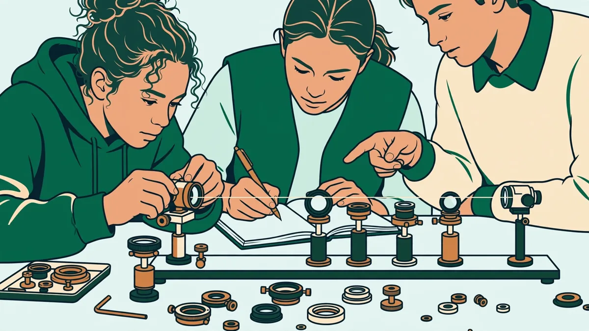 Trois étudiants autour d'une paillasse de physique qui règlent des lentilles et un laser et notent des mesures.