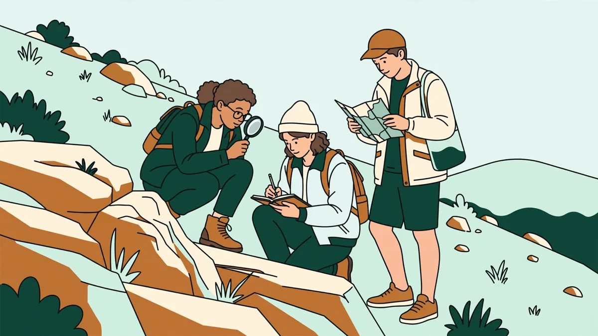 Trois étudiants en sortie géologie qui observent une paroi rocheuse, l'un avec une loupe, un autre avec un carnet.
