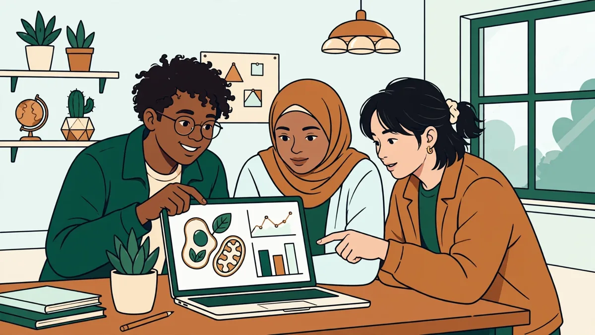 Trois étudiants autour d'un écran qui comparent un schéma de cellule et un graphique, en projet d'analyse de données