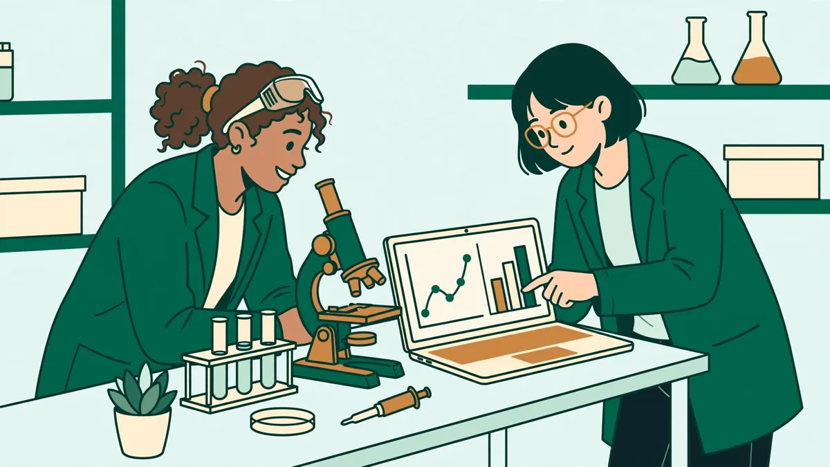 Deux étudiantes en blouse devant un microscope et un ordinateur portable qui affiche des courbes, en travaux pratiques de biologie