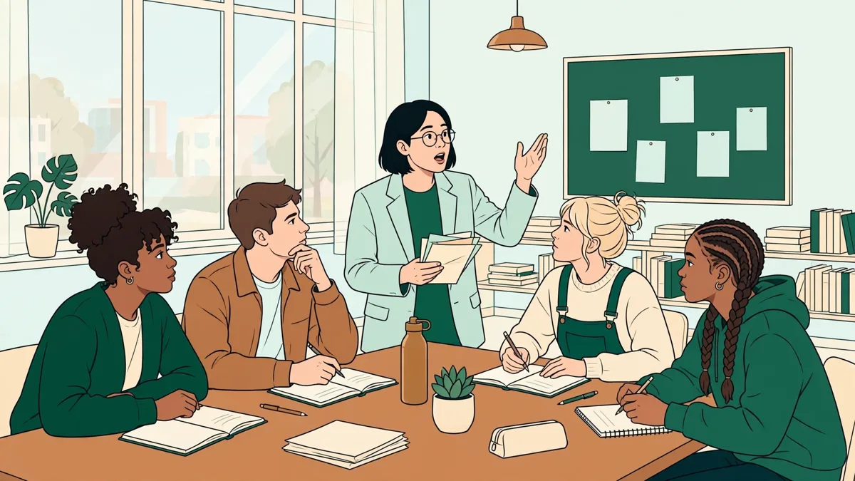 Illustration dessinée de cinq étudiants autour d'une table de séminaire, l'une prend la parole carnet en main pendant que les autres écoutent.