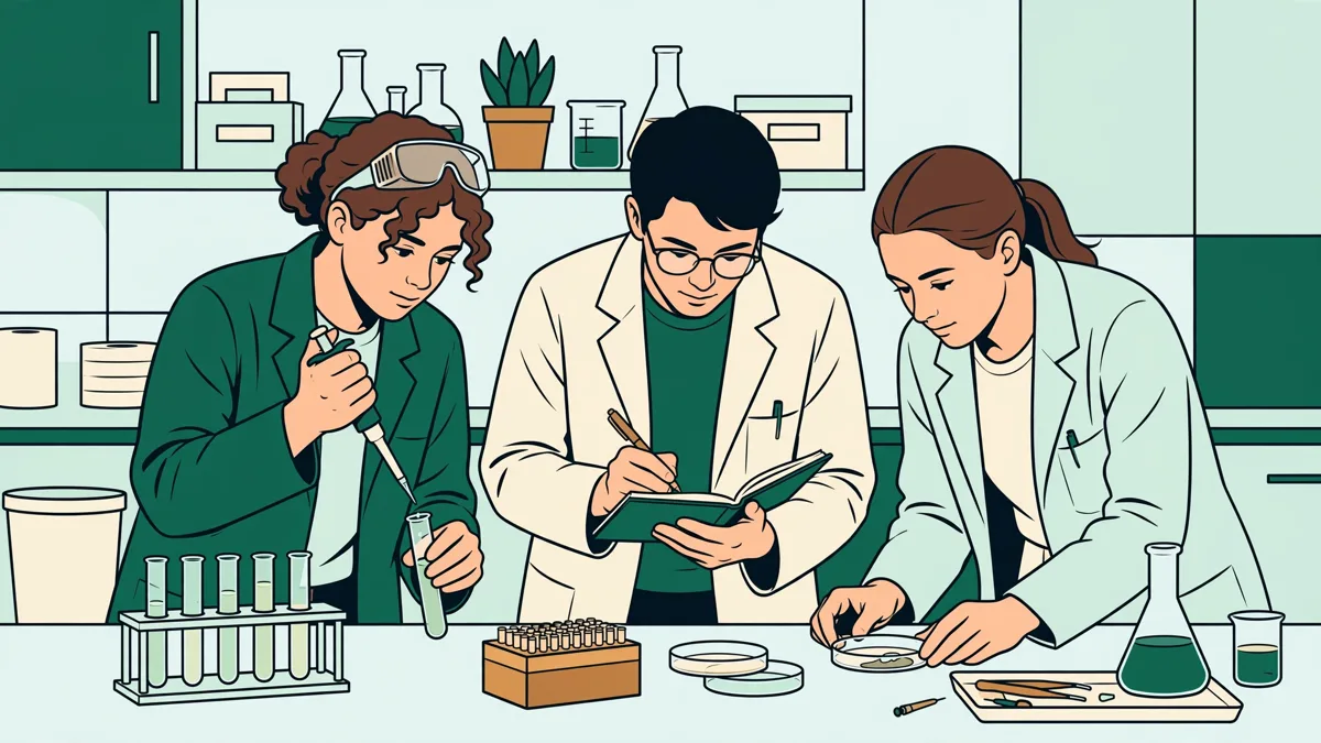 Illustration dessinée de trois étudiants en blouse autour d'une paillasse de biologie, l'une pipette un échantillon pendant qu'un autre prend des notes.