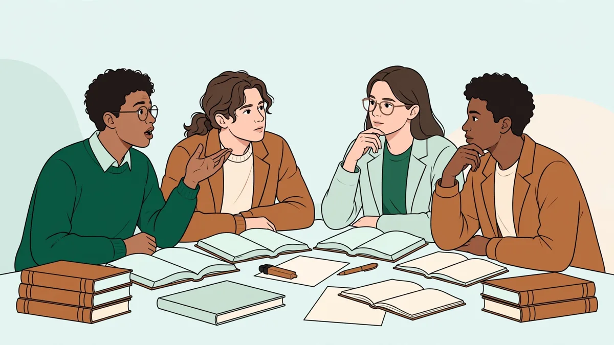 Petit groupe d'étudiants en droit qui débattent d'un cas pratique autour d'une table, carnets et codes ouverts.