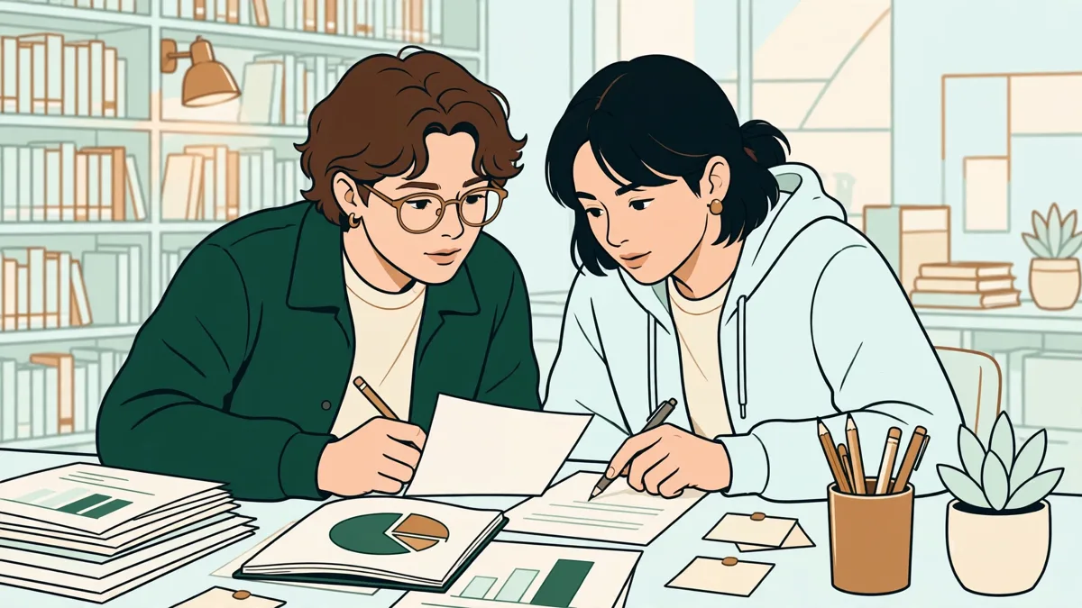Deux étudiantes comparent leurs notes et préparent un exposé sur un budget public dans une bibliothèque universitaire