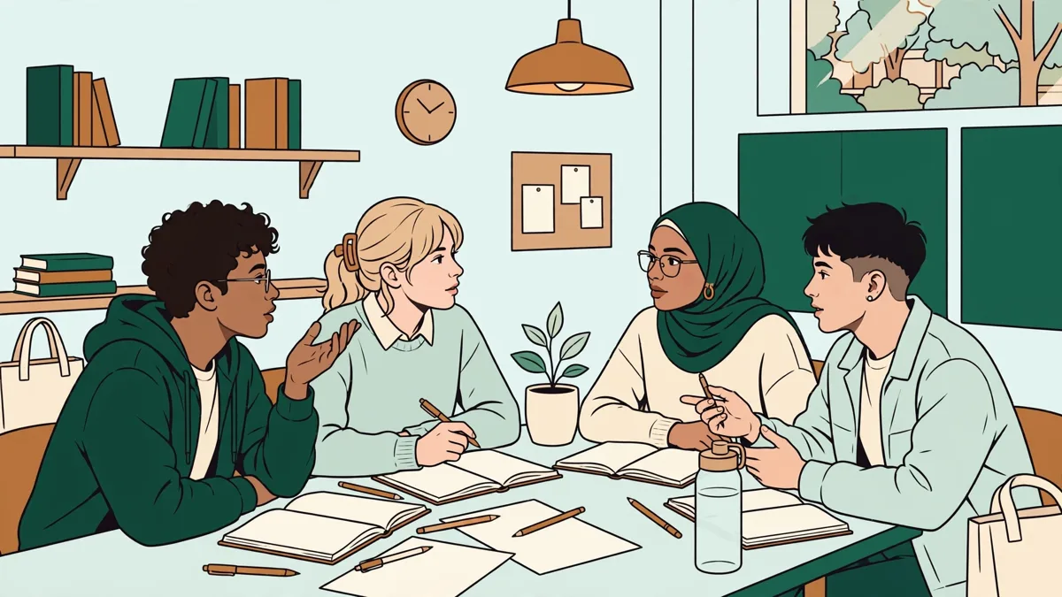 Quatre étudiants autour d'une table débattent d'un cas pratique, stylos et surligneurs en main, un code ouvert devant eux