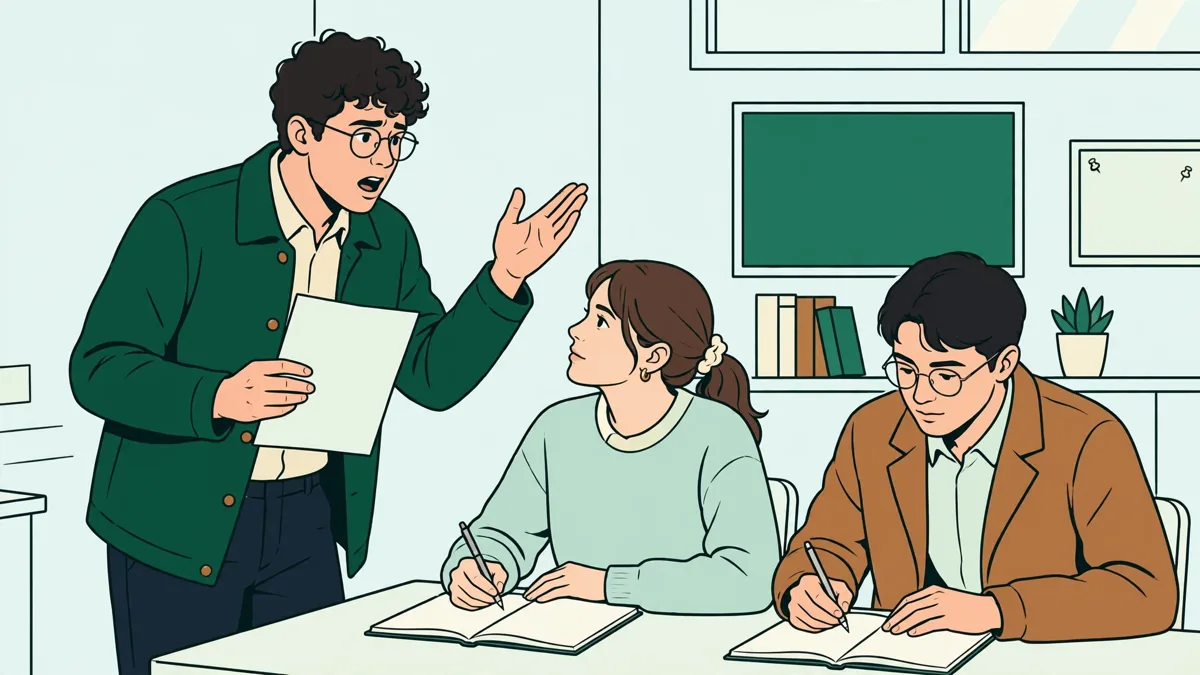 Trois étudiants en droit en exercice de plaidoirie dans une petite salle, l'une plaide debout avec des notes, les autres écoutent et prennent des notes