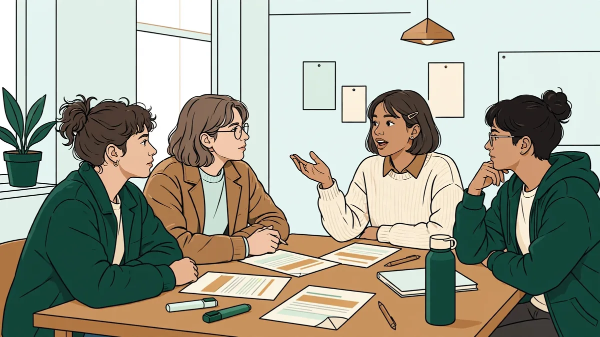 Petit groupe d'étudiants en droit qui débattent autour d'une table, un arrêt de Common Law et des surligneurs ouverts devant eux, l'un d'eux prend la parole en anglais