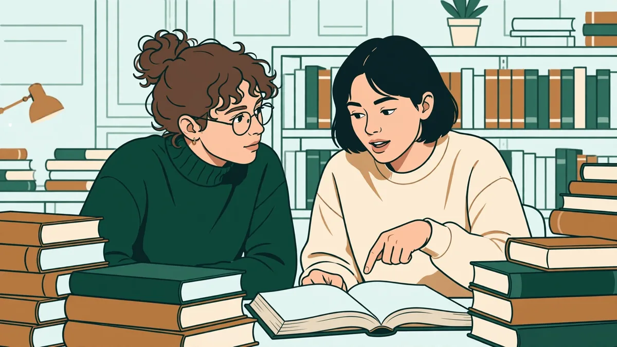 Deux étudiantes en droit qui révisent ensemble en bibliothèque, entourées de livres épais, l'une expliquant un passage à l'autre.