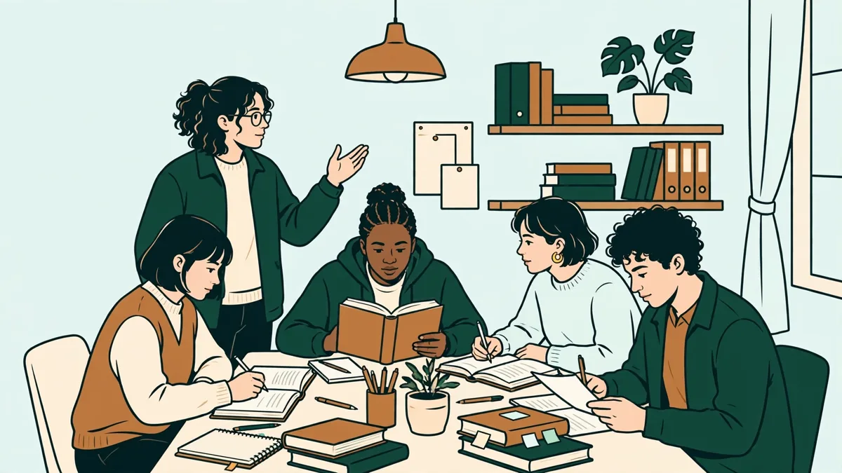 Des étudiants en droit en plein travail de groupe autour d'une table, l'une plaide debout pendant que les autres prennent des notes et comparent des textes juridiques.