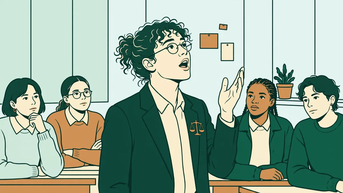 Étudiante en droit qui prend la parole devant sa classe pour un court exposé, camarades attentifs autour d'elle