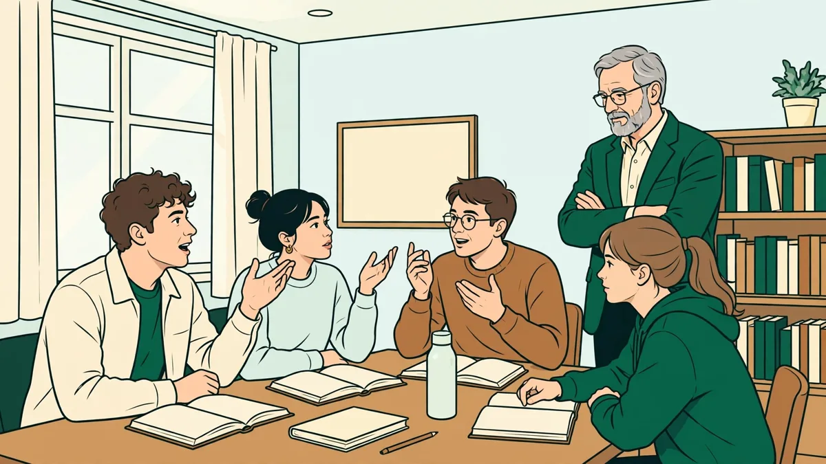 Petit groupe d'étudiants en droit qui débattent autour d'une table avec des codes ouverts, un enseignant qui écoute à côté