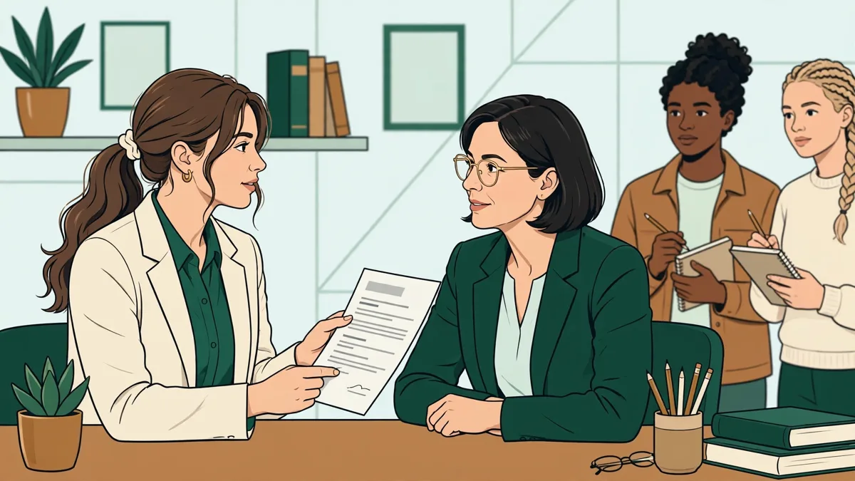 Une étudiante qui présente son parcours à une conseillère devant un CV, avec deux autres étudiants en arrière-plan