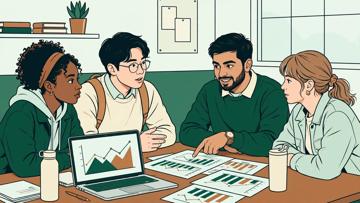 Quatre étudiants autour d'une table qui débattent d'un cas d'entreprise avec un ordinateur portable et des documents