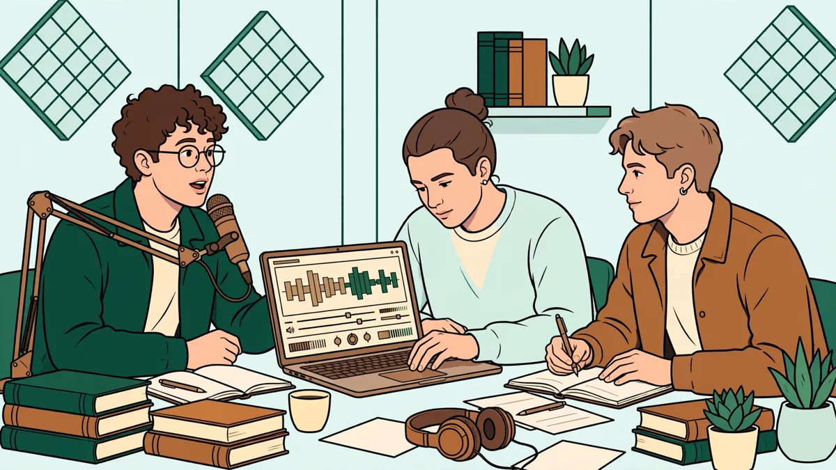 Trois étudiants en droit enregistrent un podcast autour d'une table, l'une parle au micro pendant qu'un autre règle le son sur un ordinateur.