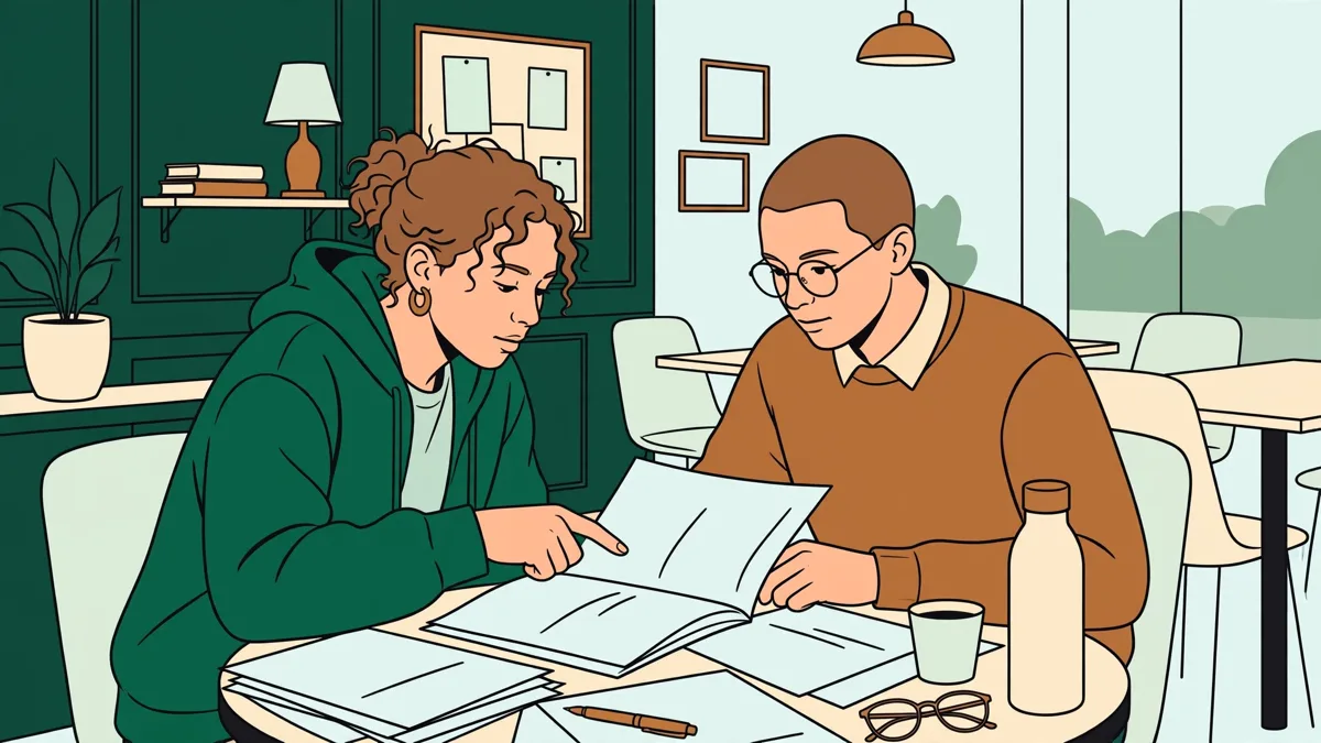 Deux étudiantes en droit comparent des textes juridiques français et allemands autour d'une table de travaux dirigés.