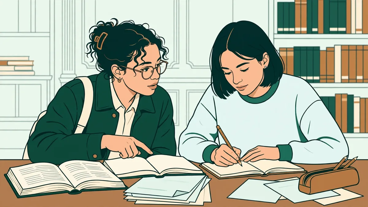 Deux étudiantes en droit qui révisent ensemble en bibliothèque, dictionnaire juridique anglais et arrêts imprimés ouverts devant elles.