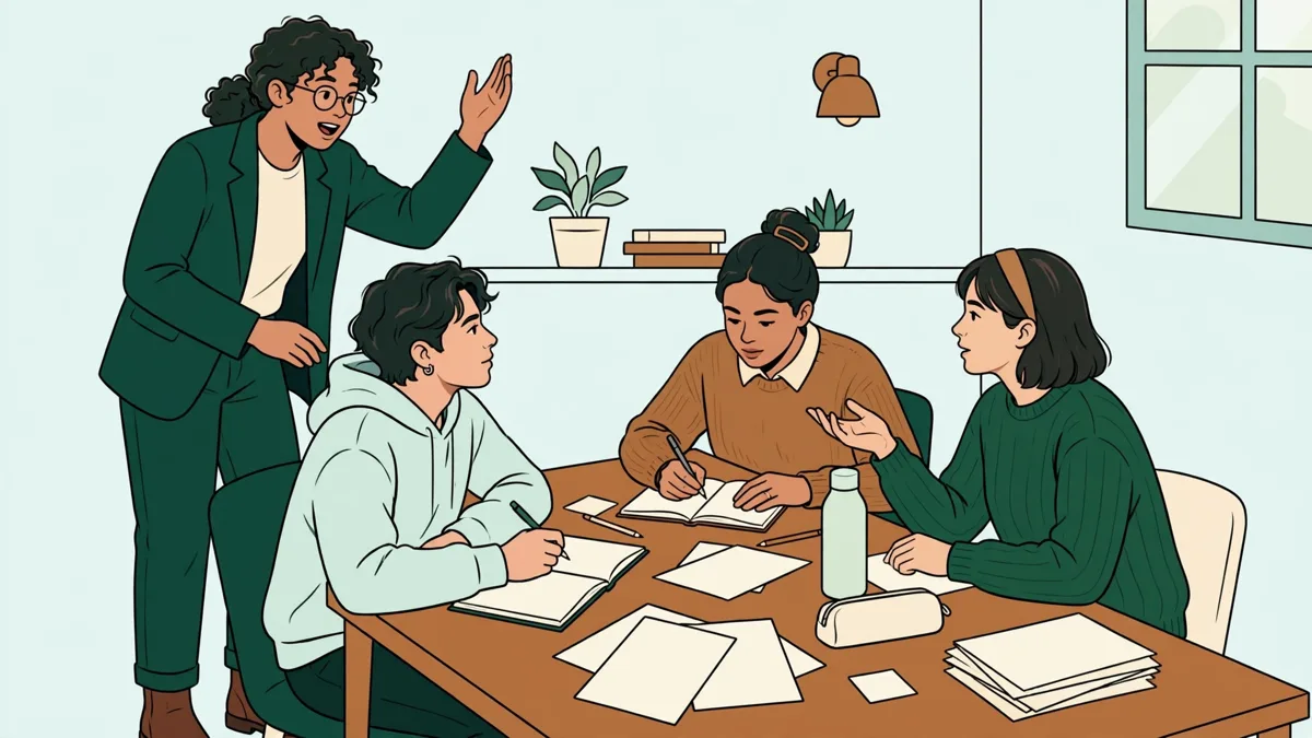 Quatre étudiants en droit autour d'une table de travaux dirigés, l'un debout qui présente un arrêt en anglais pendant que les autres annotent leurs documents.