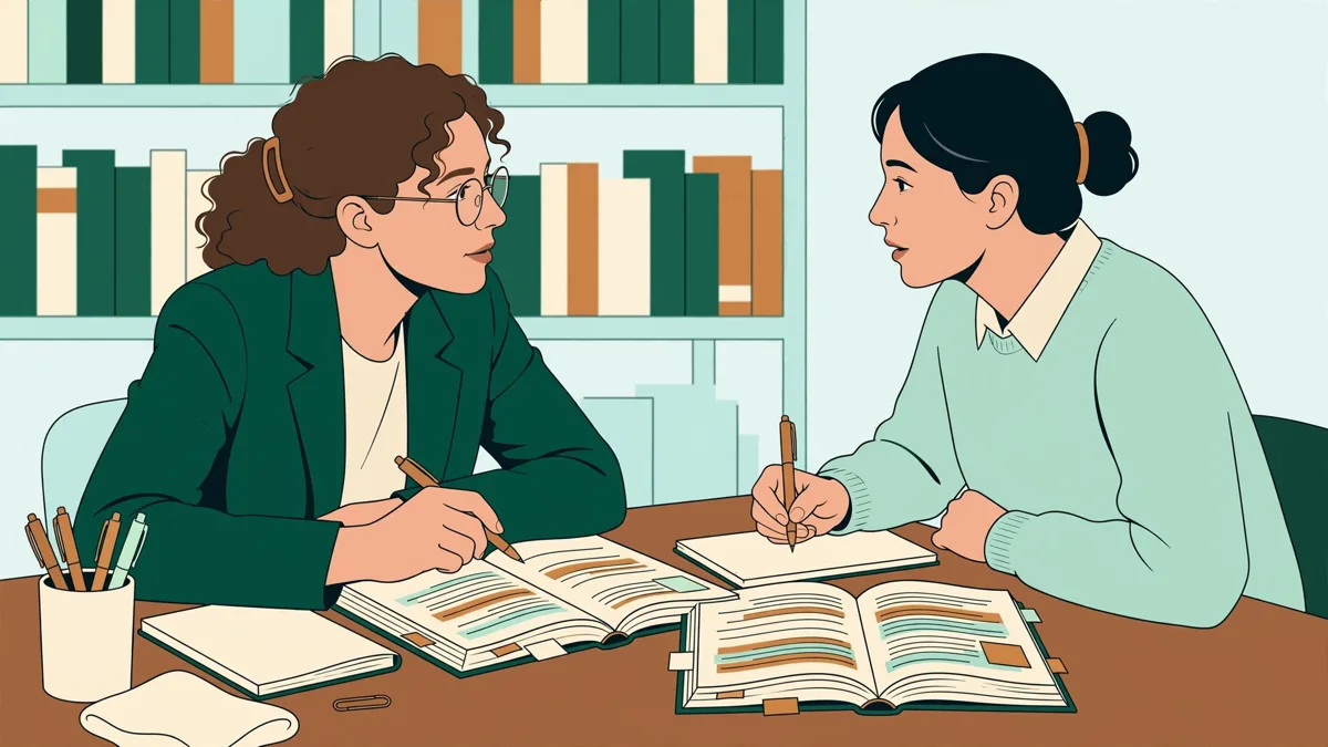Deux étudiantes en droit comparent deux codes annotés posés côte à côte sur une table de bibliothèque et discutent en prenant des notes.