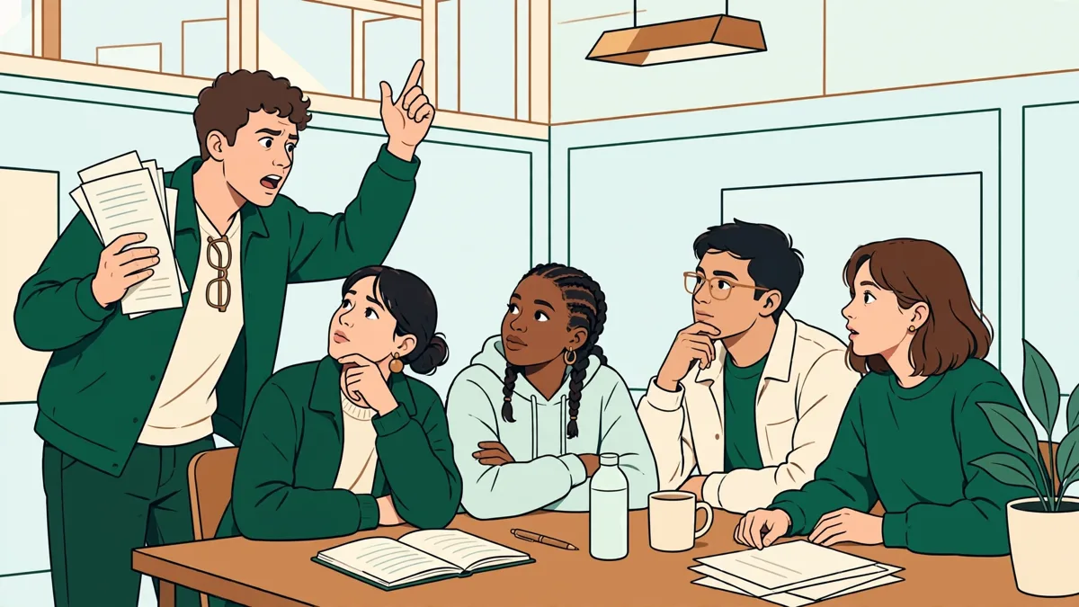 Petit groupe d'étudiants en droit qui débattent autour d'une table, l'une d'elles argumente debout avec des notes.
