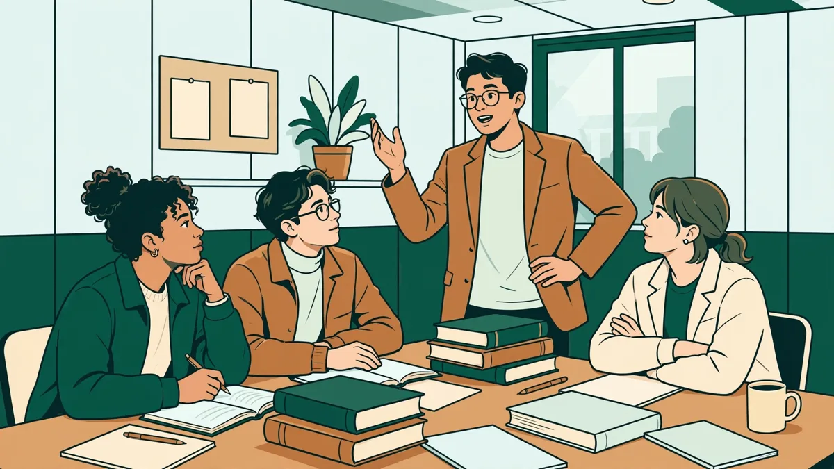 Petit groupe d'étudiants en droit qui débattent autour d'une table couverte de codes français et espagnols, l'une présente un argument en espagnol