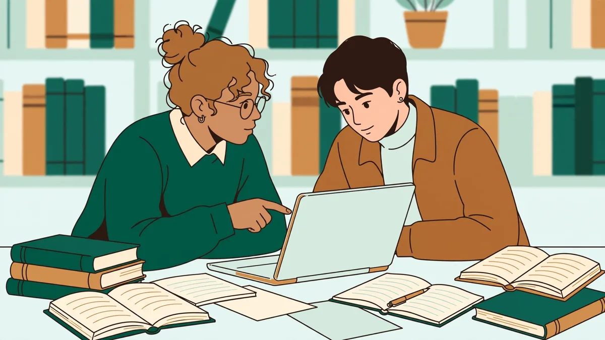 Deux étudiantes qui préparent un exposé de droit espagnol ensemble en bibliothèque universitaire, carnets et ordinateur ouverts