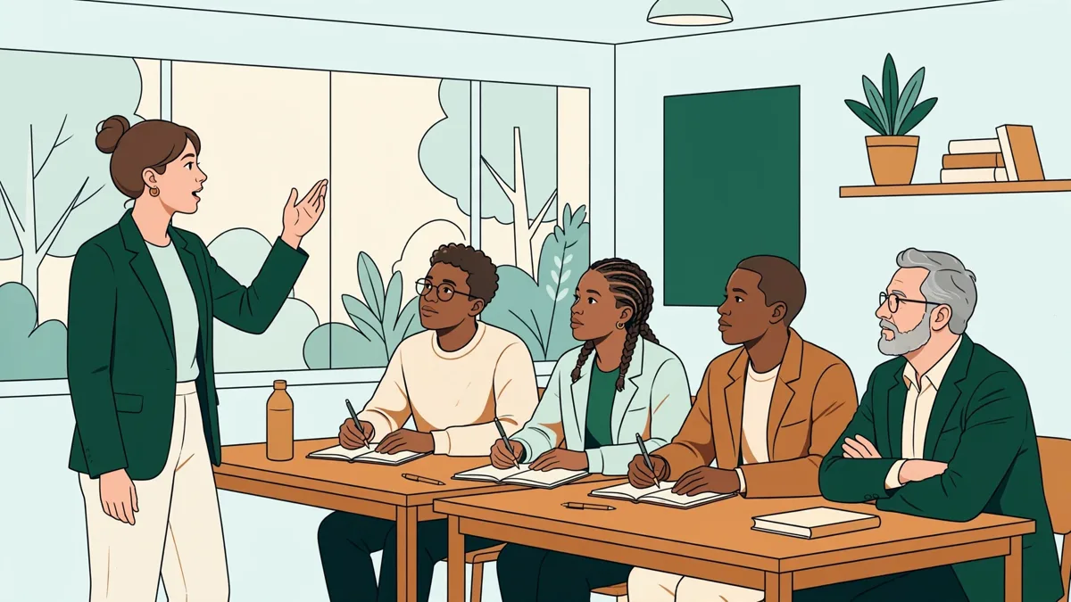 Petit groupe d'étudiants en droit autour d'une table qui débattent d'un cas pratique, l'une présente son plan pendant que les autres prennent des notes