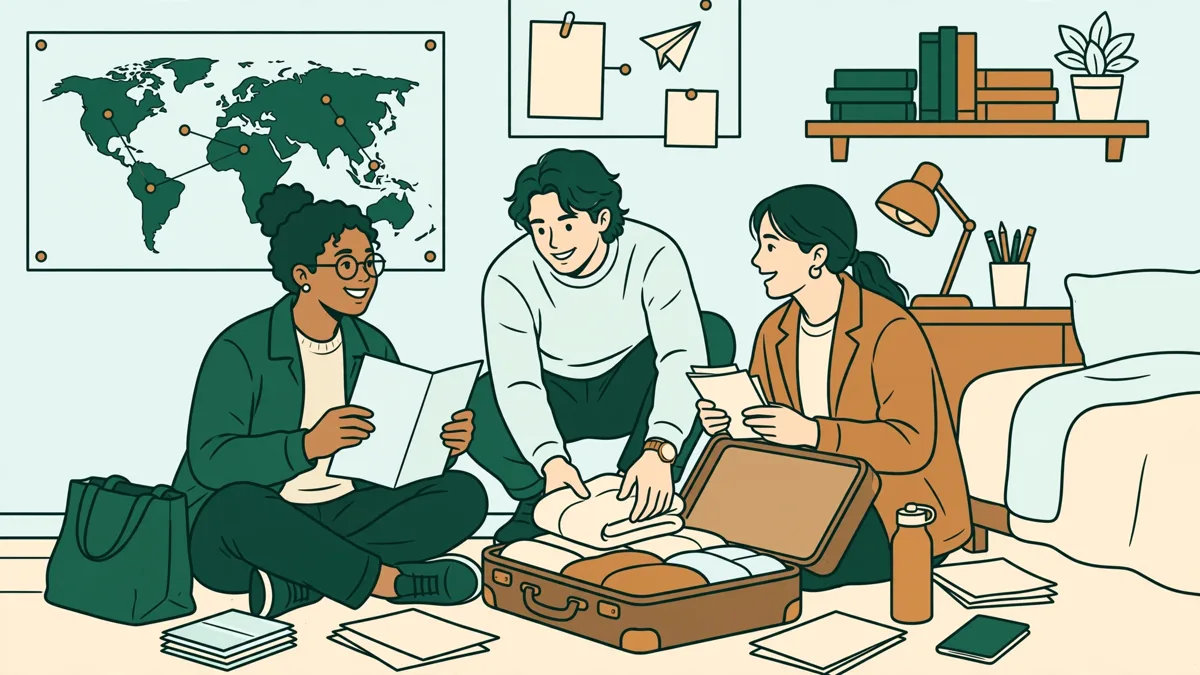 Des étudiants préparent leurs valises et dossiers pour une année d'échange Erasmus, cartes et drapeaux européens autour d'eux