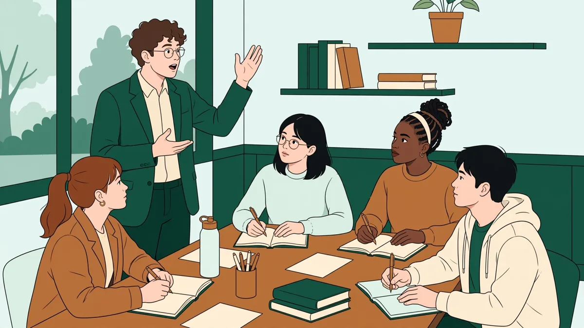 Des étudiants en droit débattent en anglais autour d'une table, une enseignante les écoute et prend des notes
