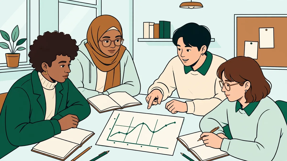 Petit groupe d'étudiants autour d'une table qui analysent un graphique économique, une étudiante montre une courbe pendant que les autres prennent des notes
