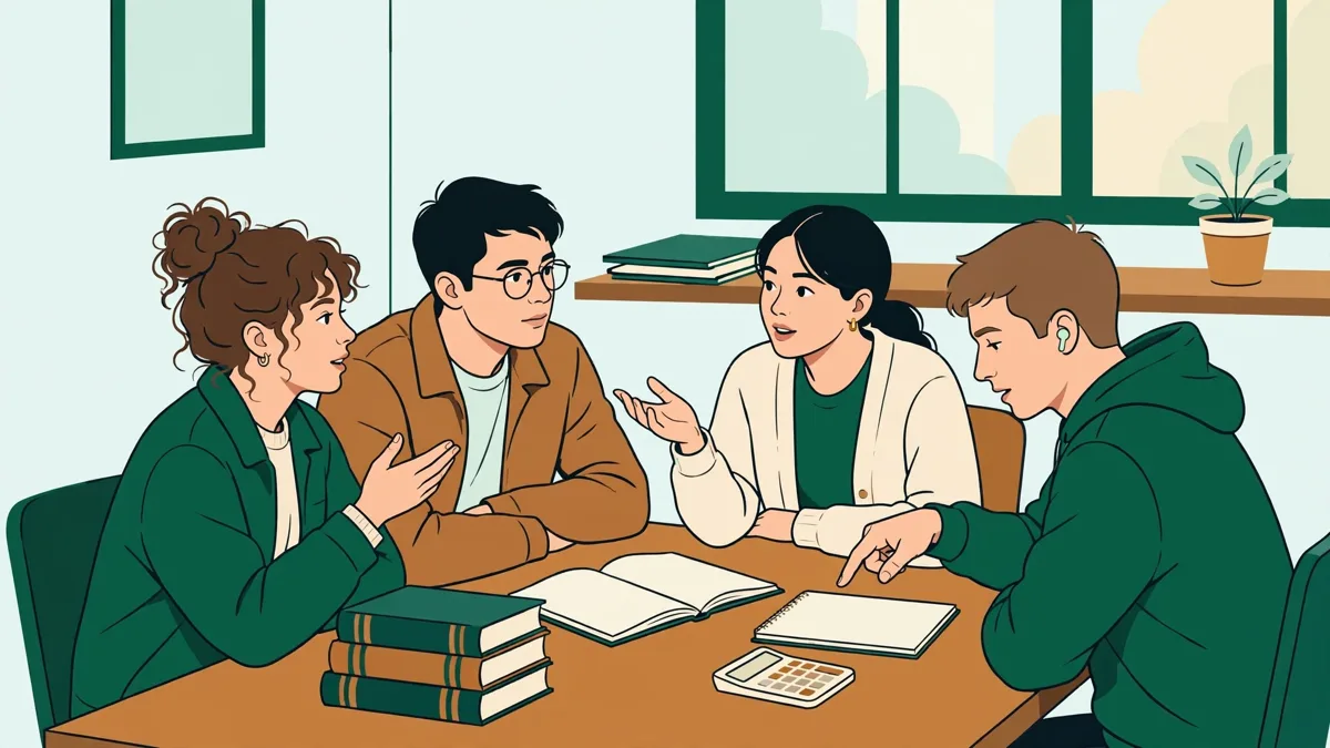 Petit groupe d'étudiants en travaux dirigés autour d'une table, avec cahiers et calculatrice, en train de débattre