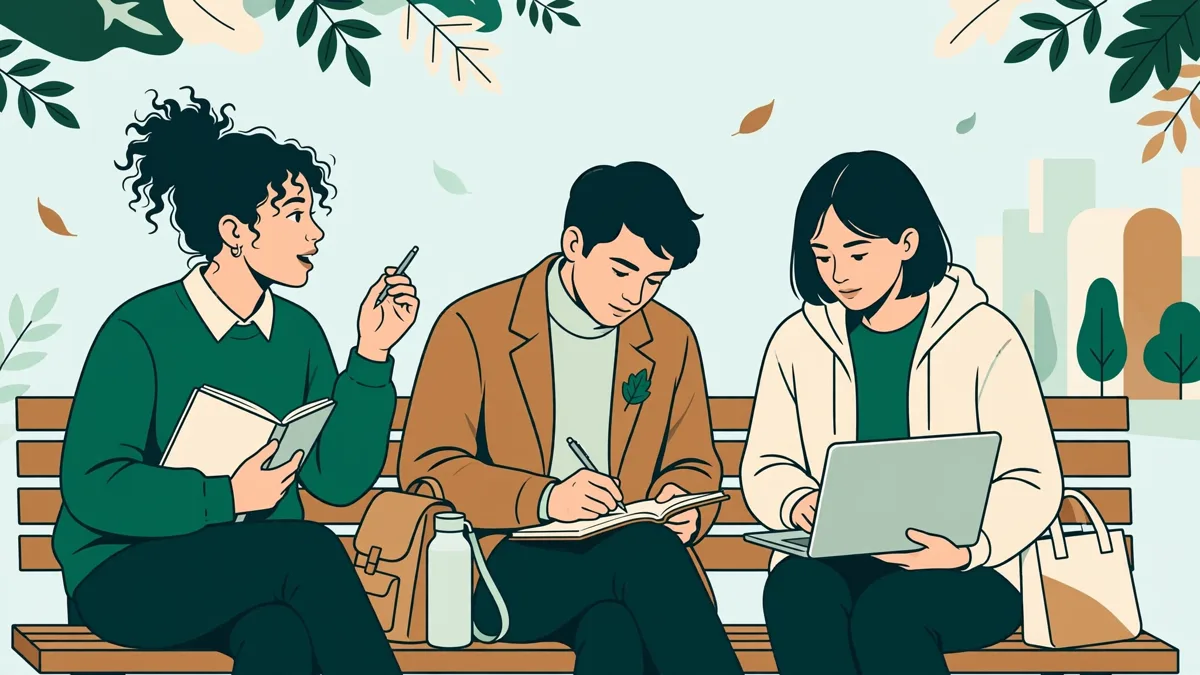 Trois étudiants en action mènent une enquête sur un banc de campus, l'une interroge avec un carnet, un autre prend des notes, le troisième tient un ordinateur portable