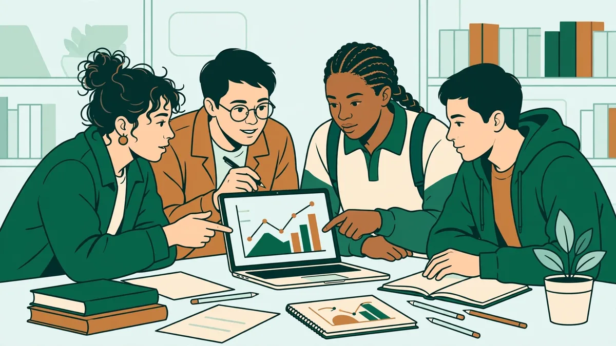Quatre étudiants en action autour d'une table de bibliothèque analysent ensemble un graphique sur un ordinateur portable avec des fiches et des livres