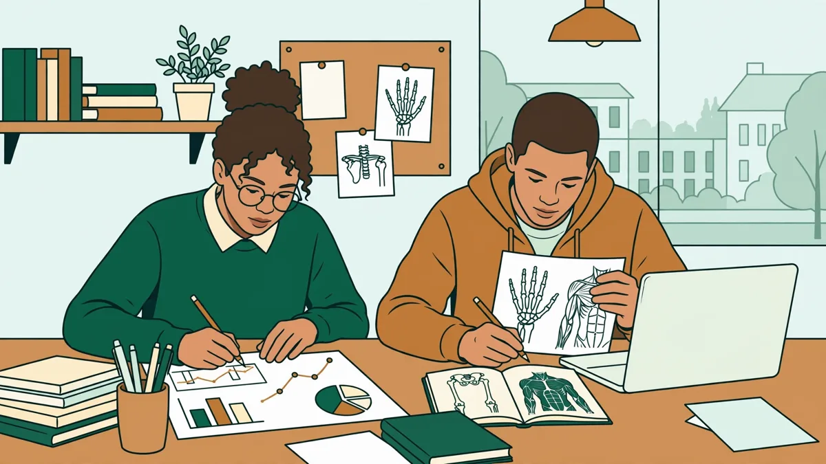 Deux étudiants qui travaillent côte à côte, l'un sur un tableau de chiffres d'entreprise, l'autre sur un schéma d'anatomie
