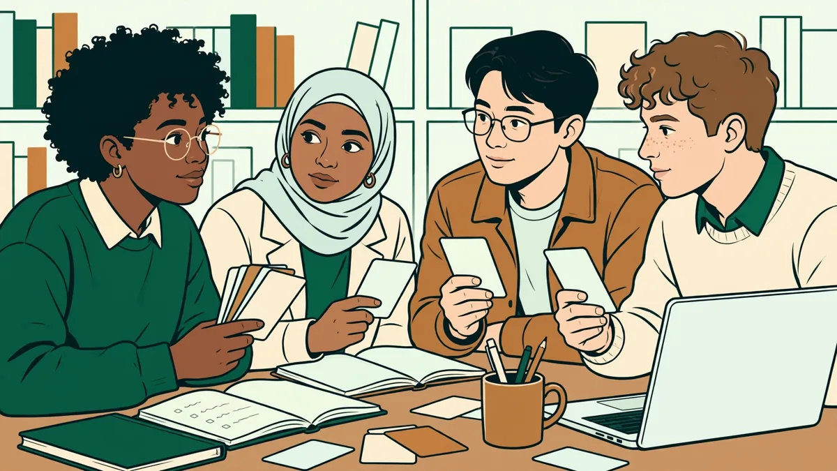 Petit groupe d'étudiants qui s'entraînent ensemble sur des QCM autour d'une table de bibliothèque