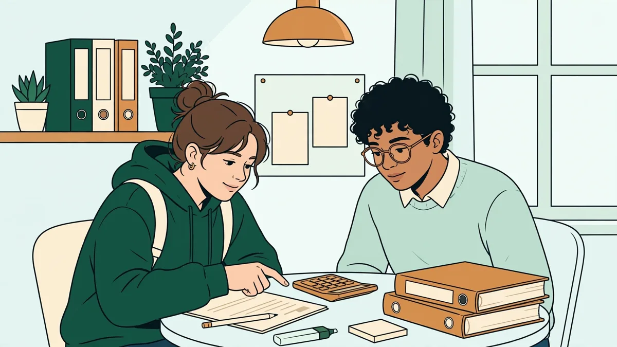 Deux étudiants en licence qui comparent leurs calculs autour d'une table de travail, avec calculatrice et classeurs.