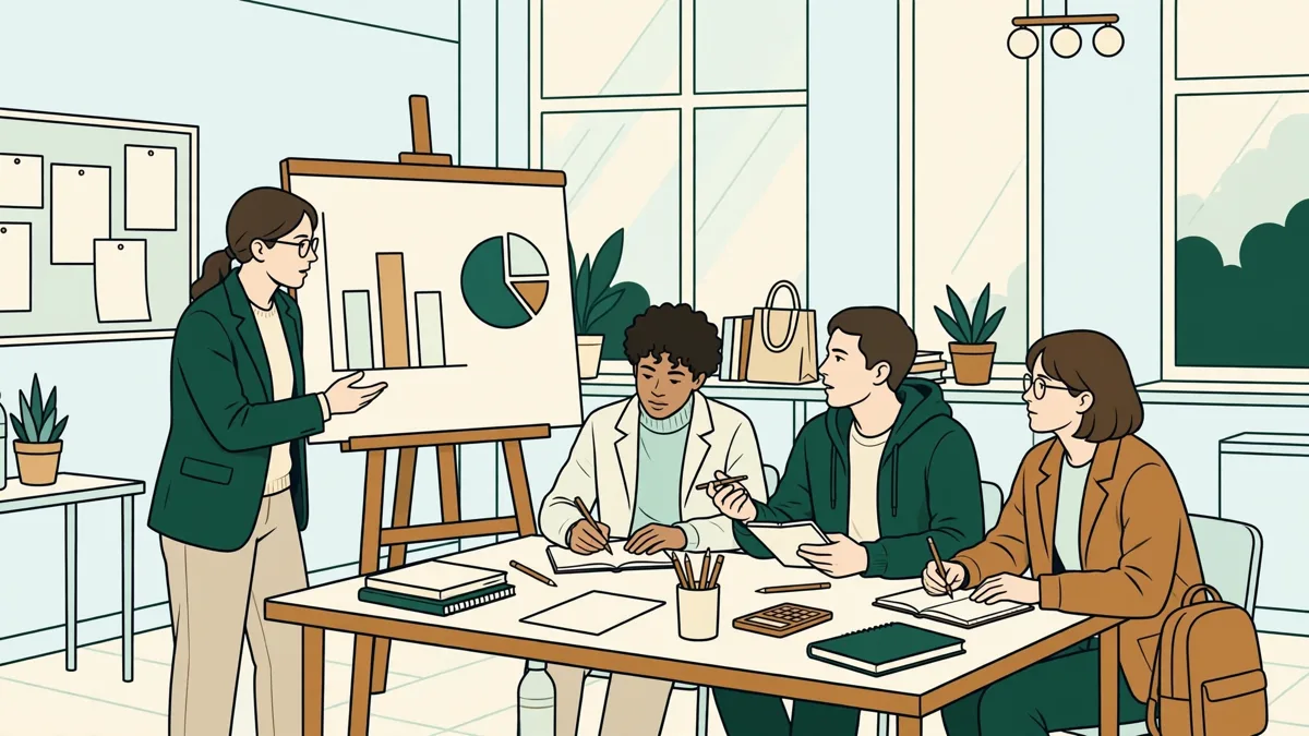 Quatre étudiants autour d'une table qui simulent une réunion d'audit avec graphiques et dossiers.