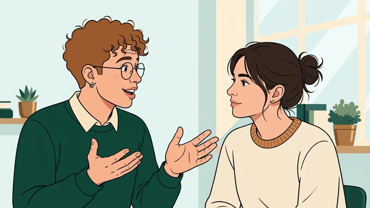 Deux étudiantes qui répètent une présentation orale ensemble dans une salle de cours lumineuse, l'une parle et l'autre l'écoute