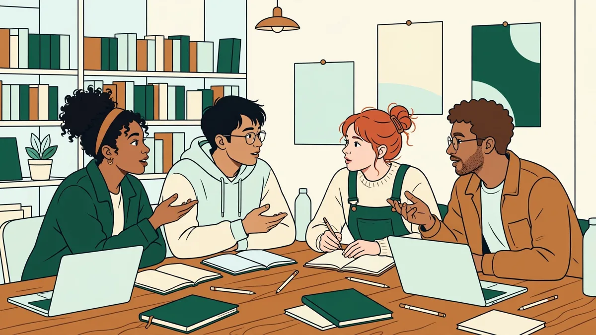 Petit groupe d'étudiants qui débattent autour d'une table avec ordinateurs et carnets dans une bibliothèque lumineuse.