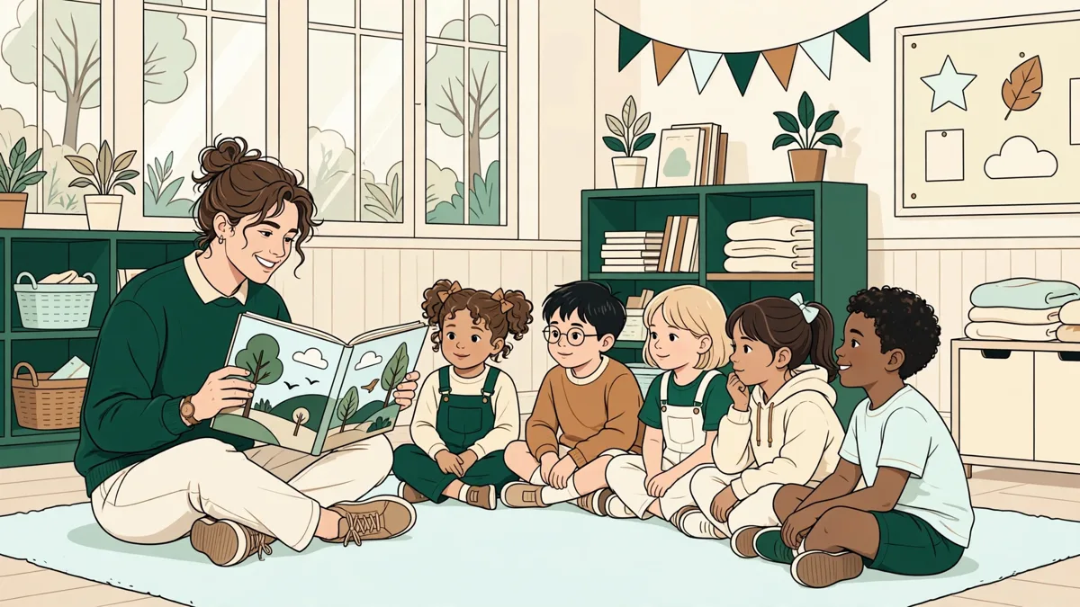 Étudiante qui lit un album illustré à un petit groupe d'enfants assis sur un tapis dans une classe lumineuse.