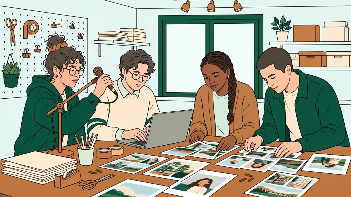 Quatre étudiants en atelier en train de préparer une petite exposition et un podcast